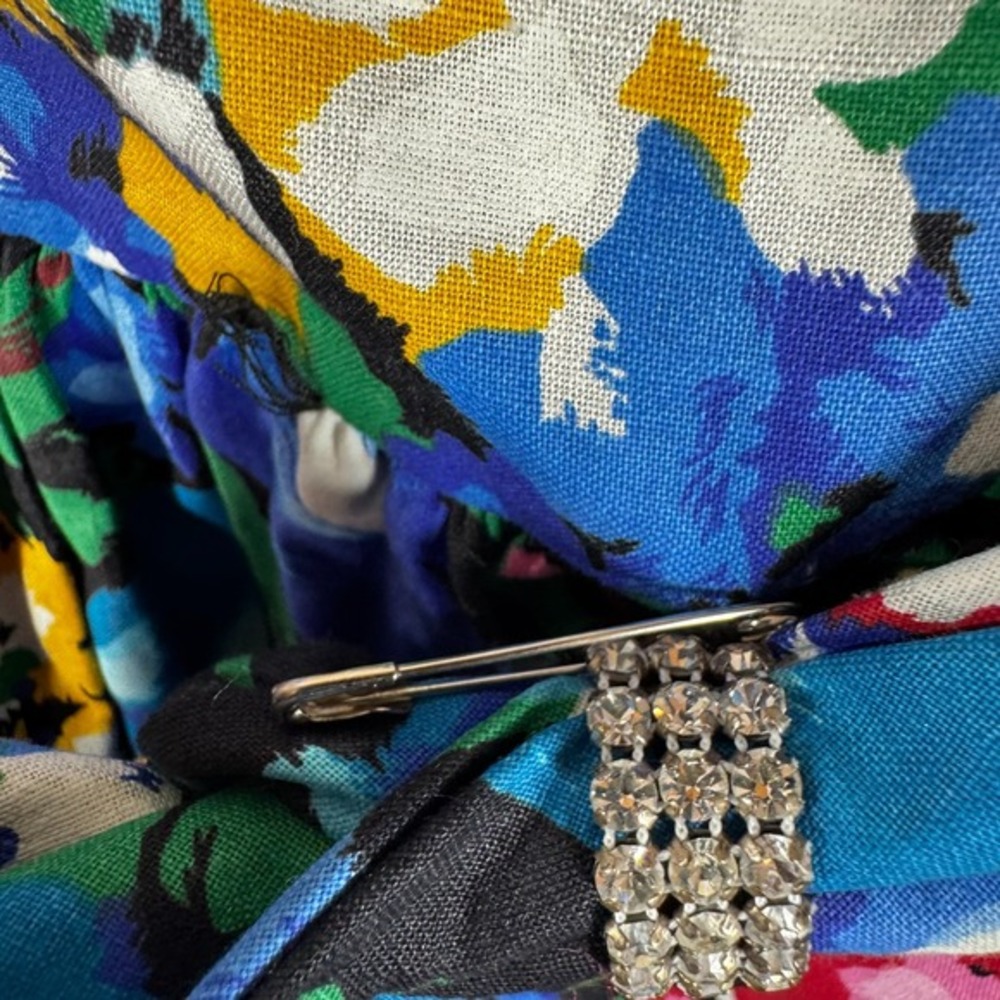 Vintage 80s Colorful Floral Cocktail Dress Size 6 Rhinestone Bow Puff Sleeve - Picture 5 of 13